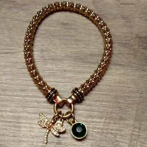 9W Rope Like Goldtone Bracelet. Emerald Stone and Dragonfly Charms. Pulls on